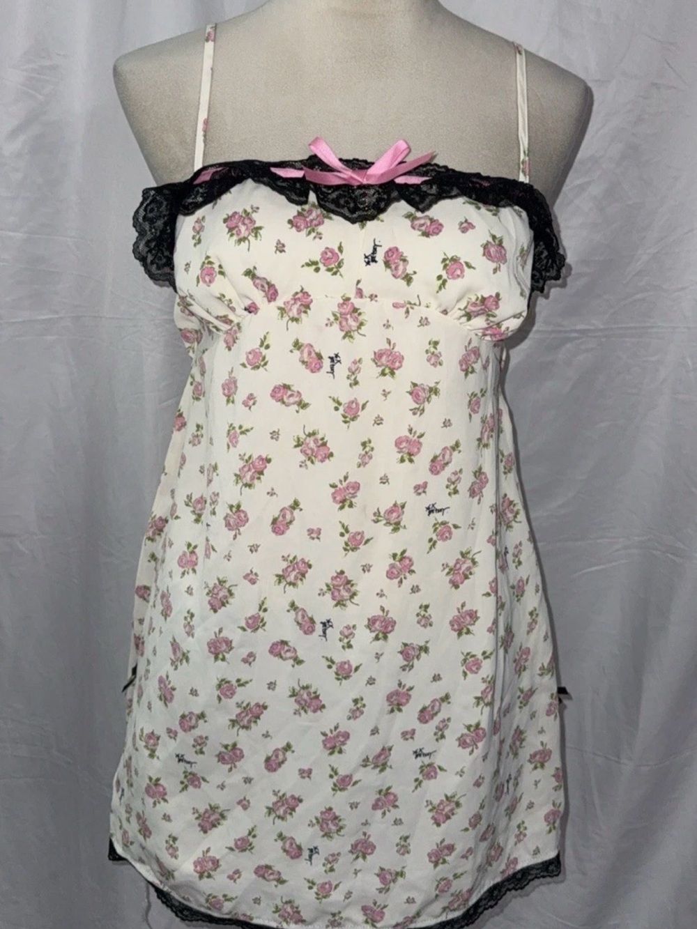 Betsey Johnson Cream Chemise with Pink Rose Print & Black Lace